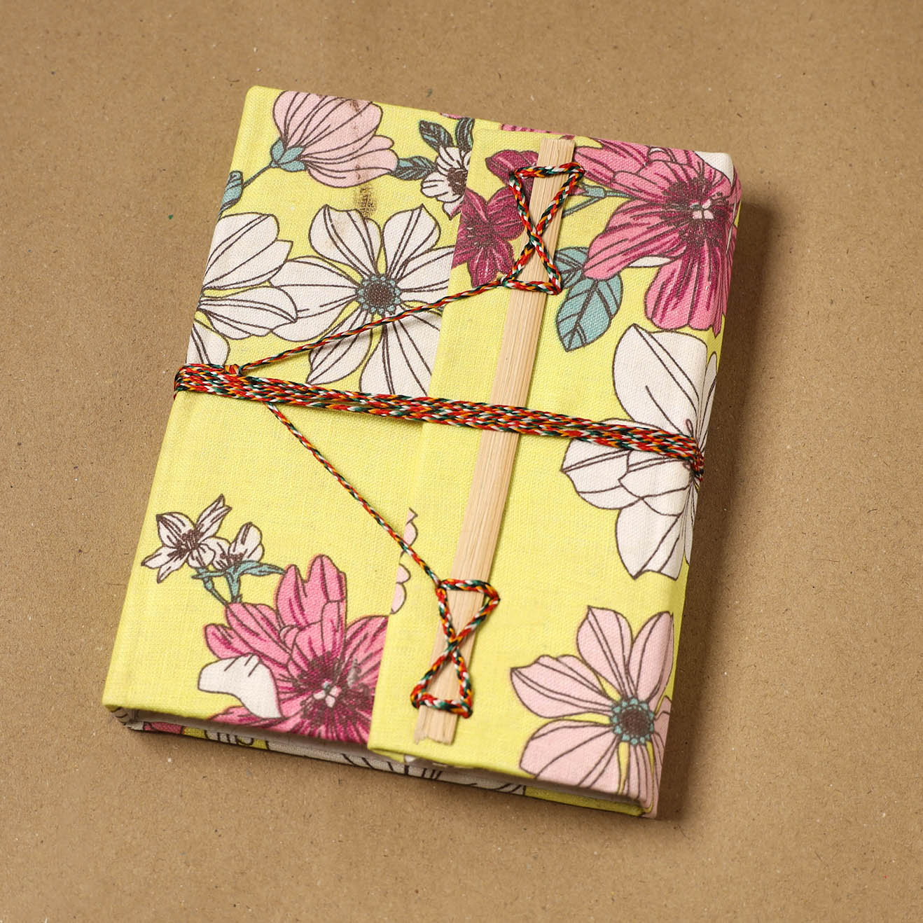 Printed fabric cover handmade paper notebook with thread