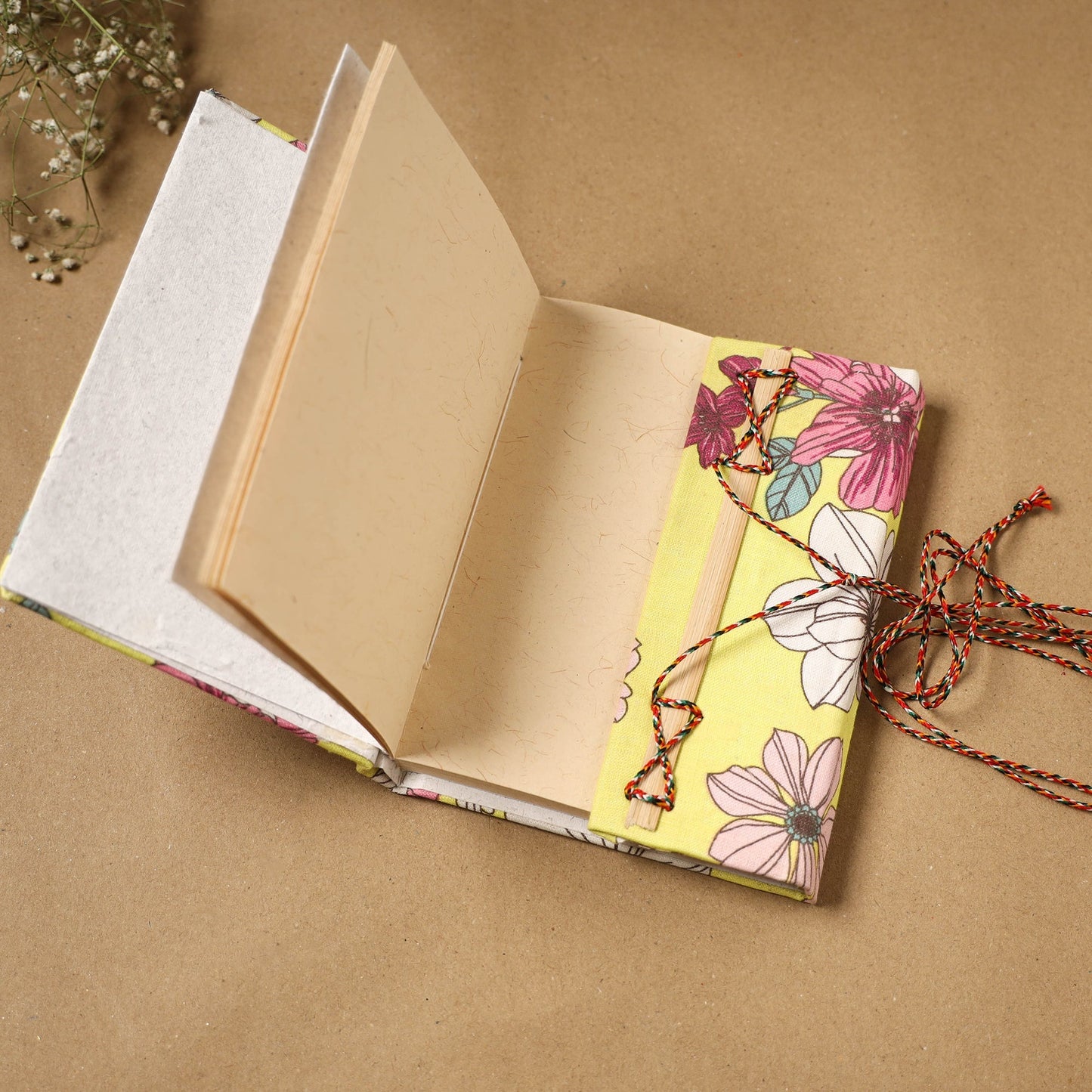 Printed fabric cover handmade paper notebook with thread