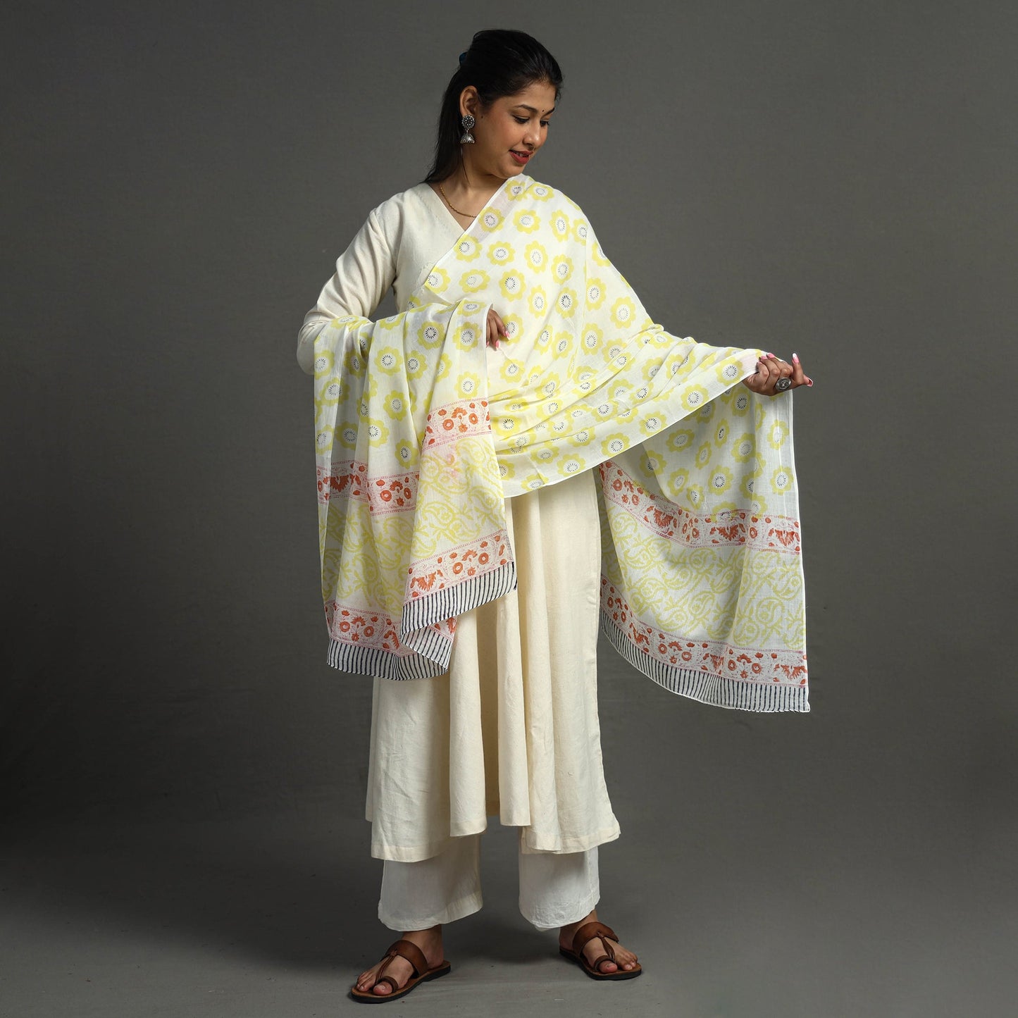 Block Printed Mul Cotton Sanganeri Dupatta