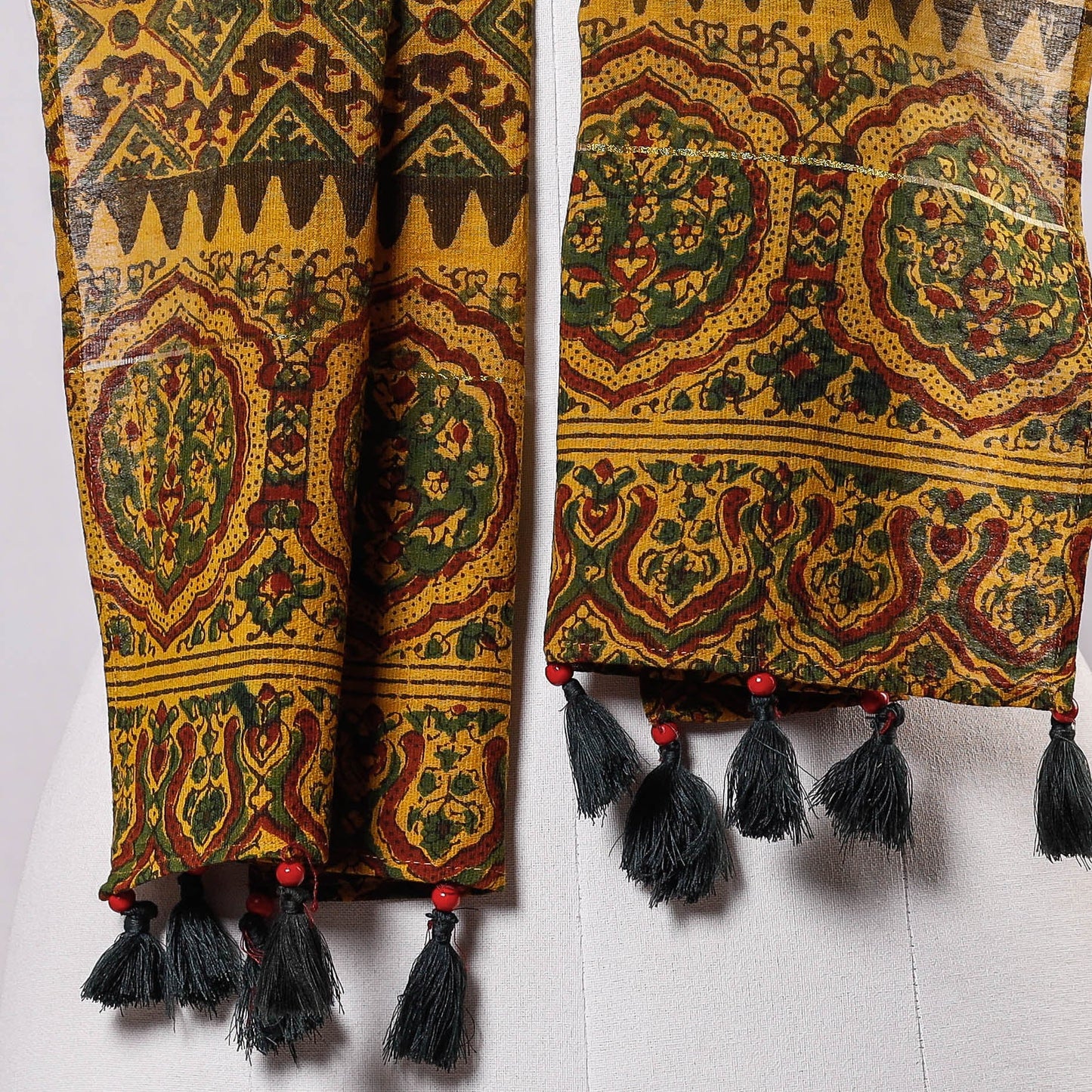 Yellow - printing chanderi silk stole with tassels