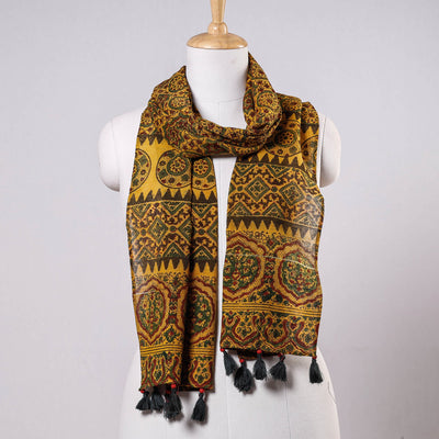 Yellow - printing chanderi silk stole with tassels