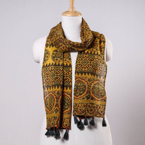 Yellow - printing chanderi silk stole with tassels