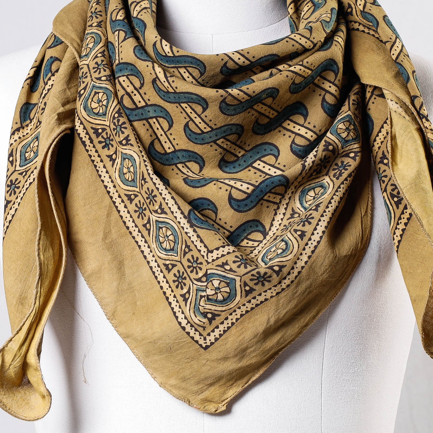 Yellow Ajrakh Block Printing Cotton Scarf from Kutch 