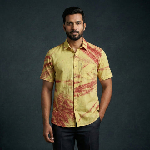 Yellow - pure cotton half sleeve tie-dye men shibori shirt