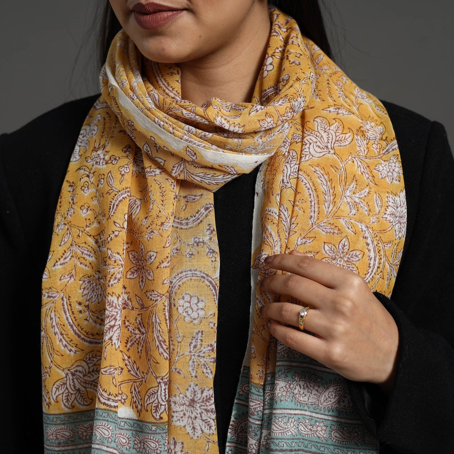 Yellow - pure wool sanganeri stole 07 - handcrafted