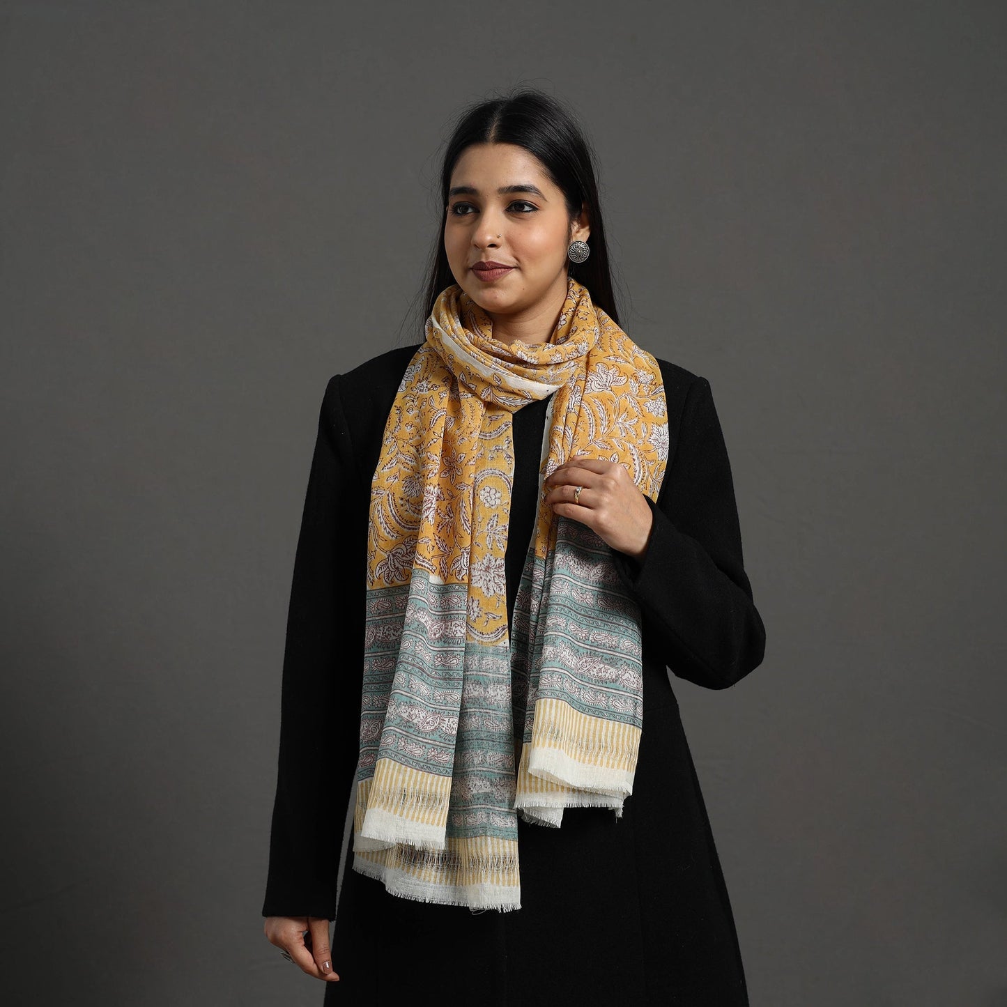 Yellow - pure wool sanganeri stole 07 - handcrafted