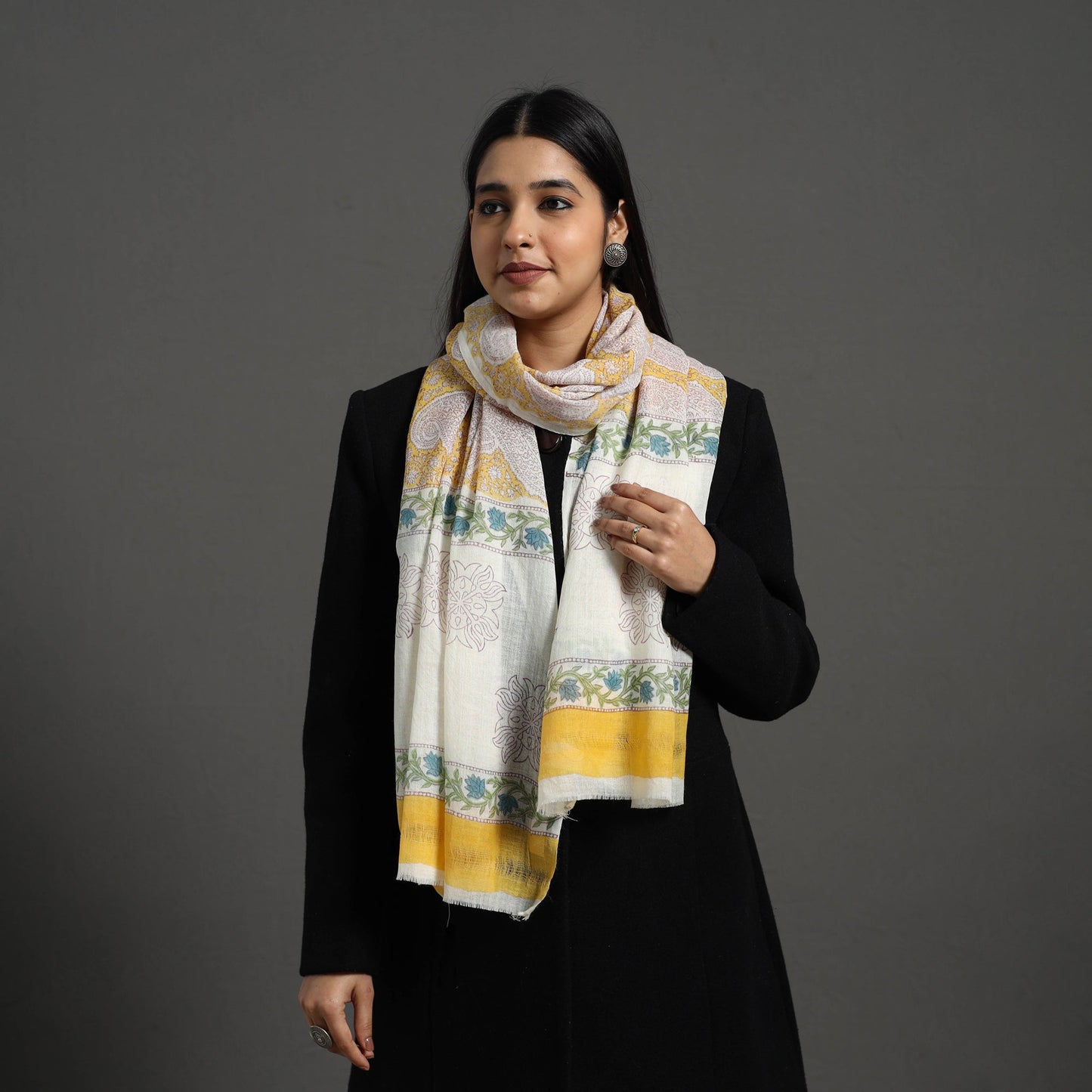 Yellow - pure wool sanganeri stole 44 - handcrafted