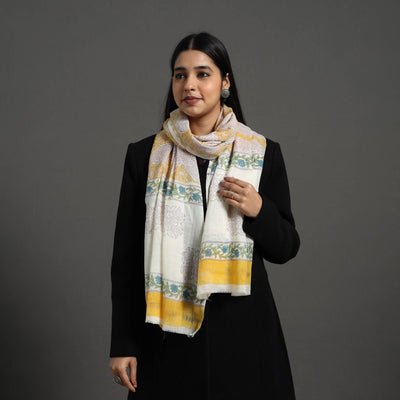 Yellow - pure wool sanganeri stole 44 - handcrafted
