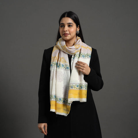 Yellow - pure wool sanganeri stole 44 - handcrafted