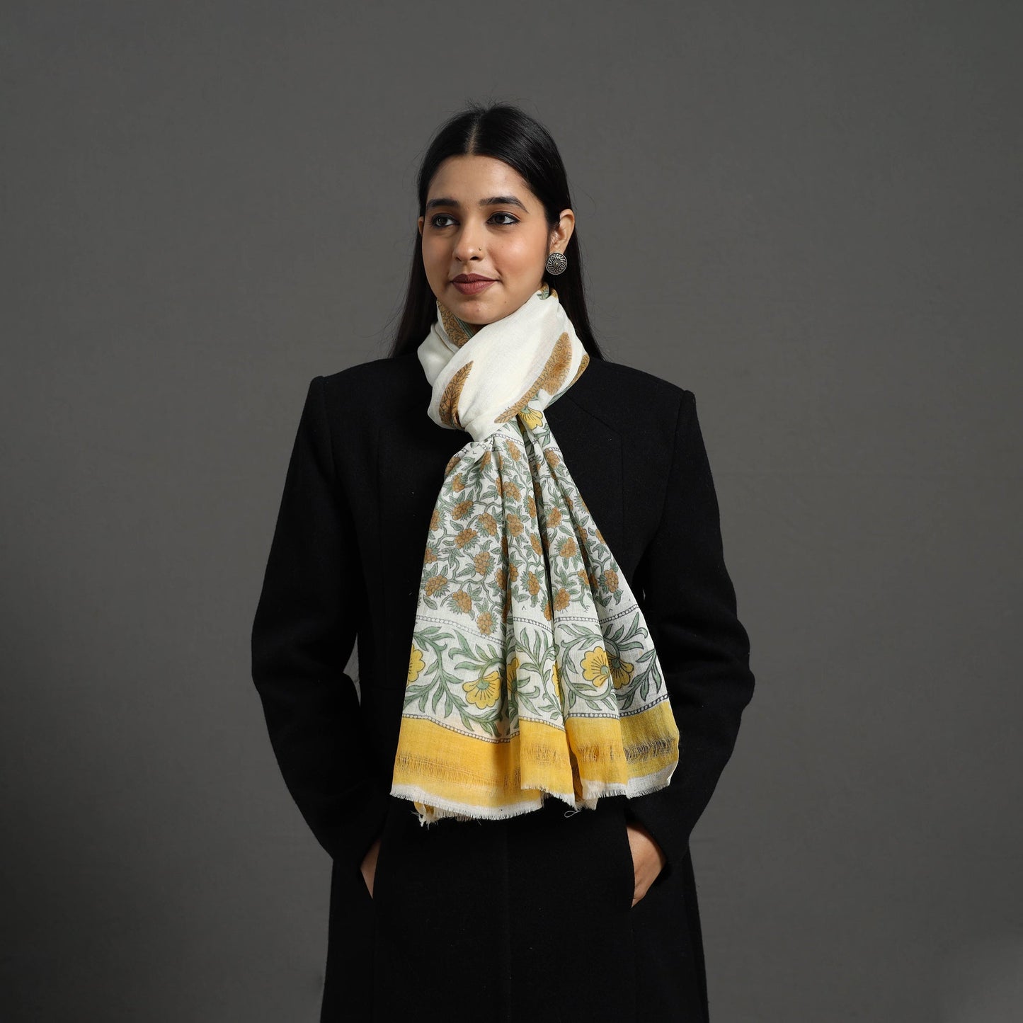 Yellow - pure wool sanganeri stole 47 - handcrafted