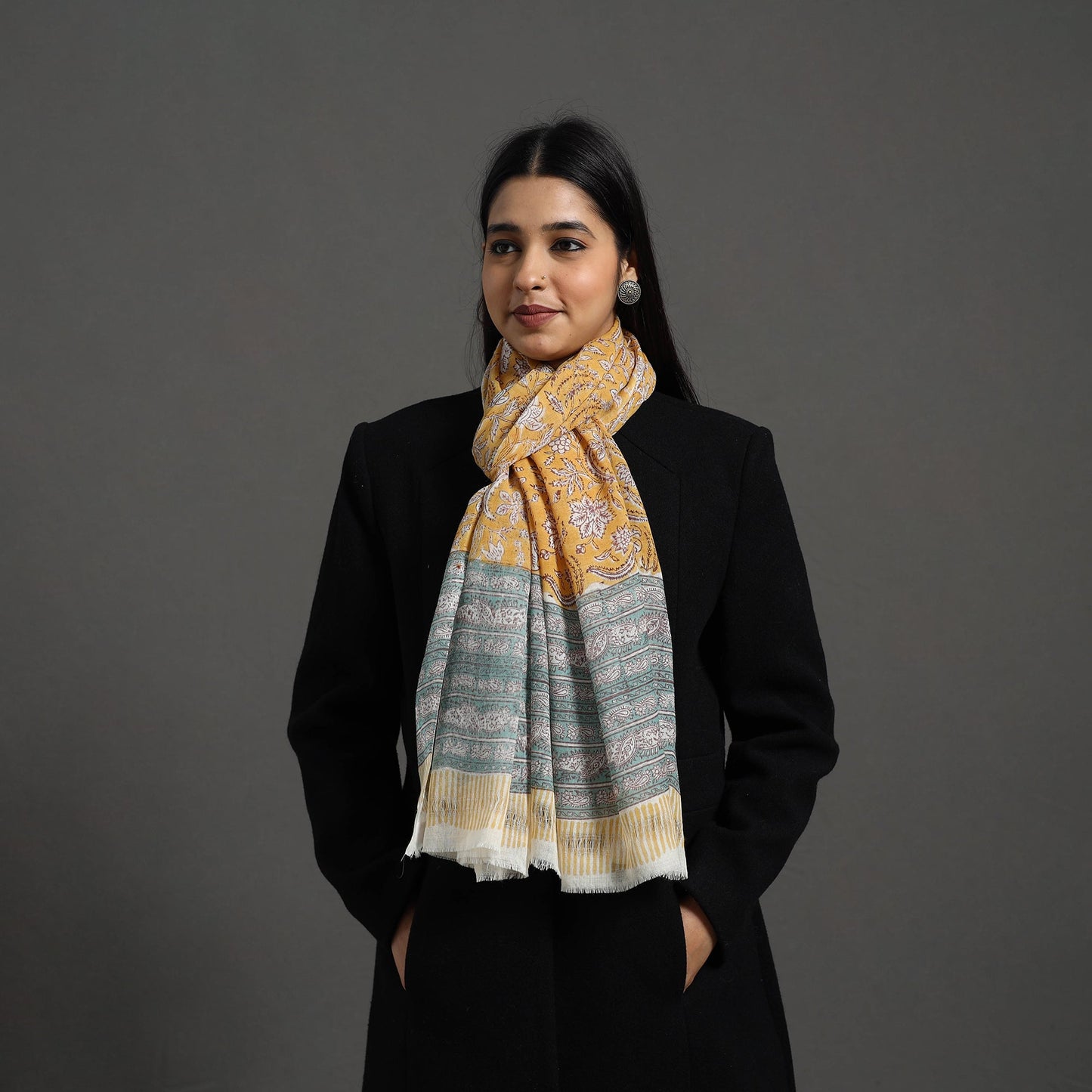 Yellow - pure wool sanganeri stole 07 - handcrafted