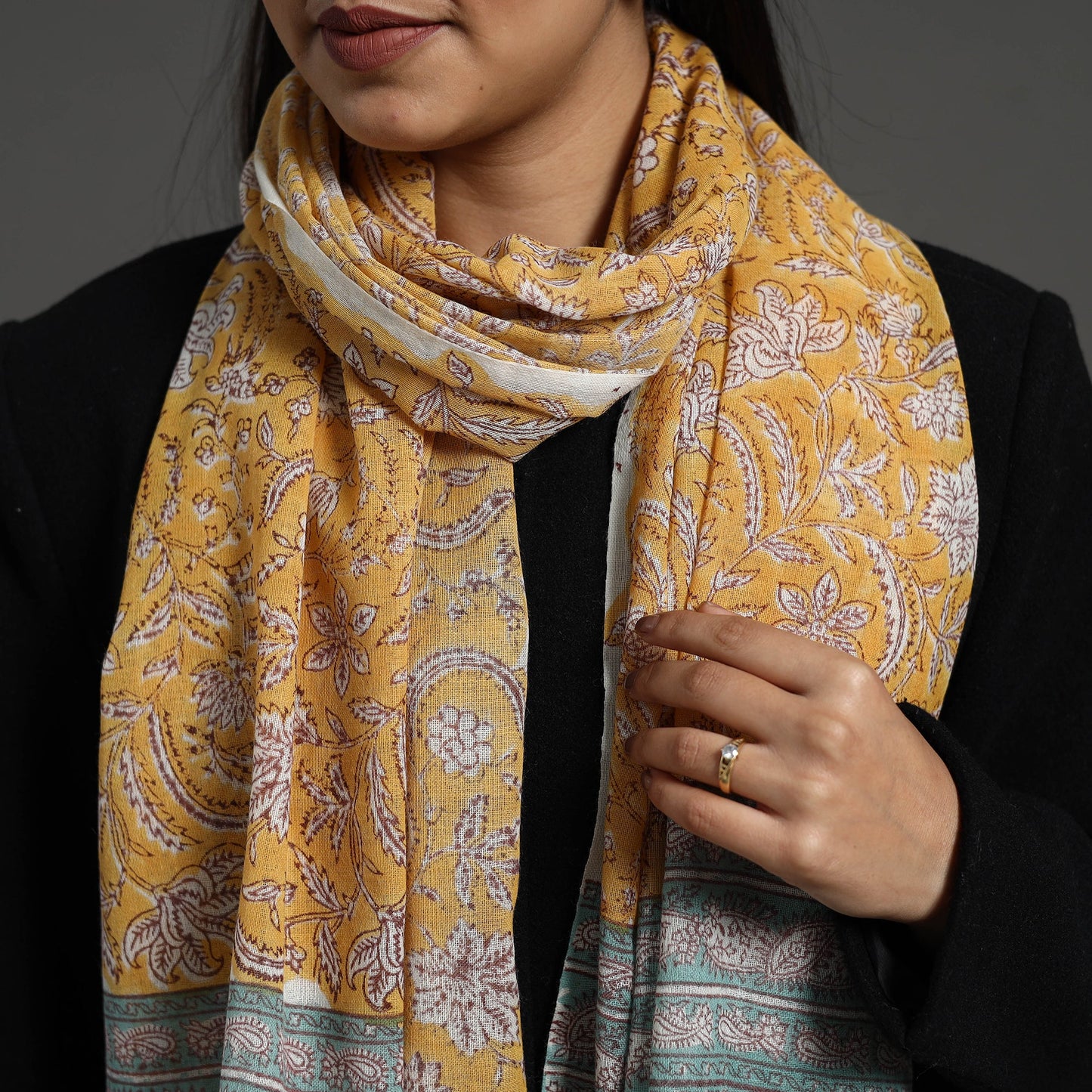 Yellow - pure wool sanganeri stole 07 - handcrafted