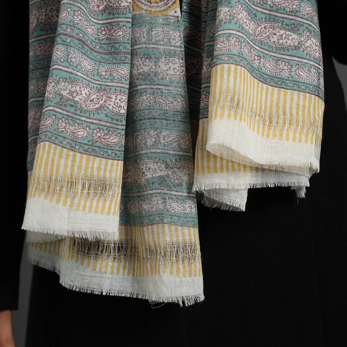 Yellow - pure wool sanganeri stole 07 - handcrafted