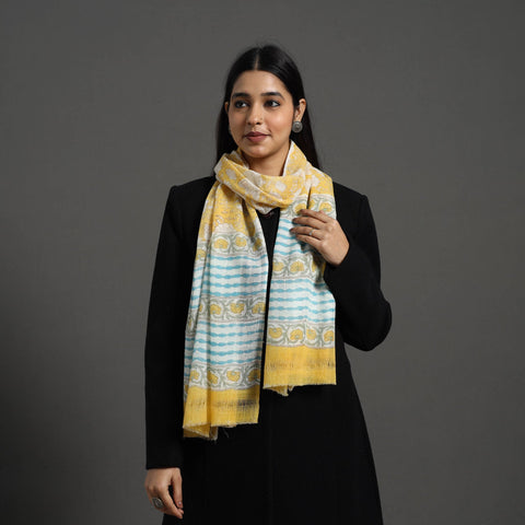 Yellow - pure wool sanganeri stole 35 - handcrafted