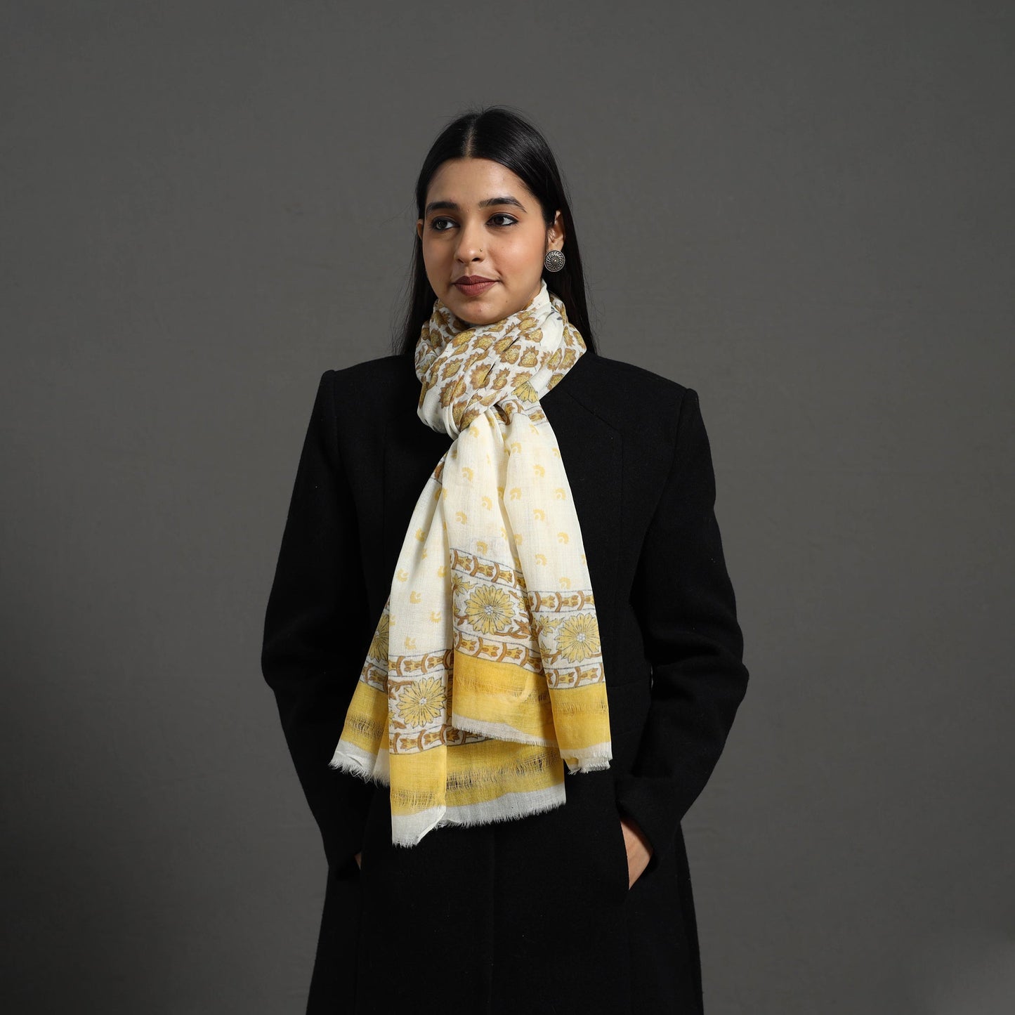 Yellow - pure wool sanganeri stole 49 - handcrafted