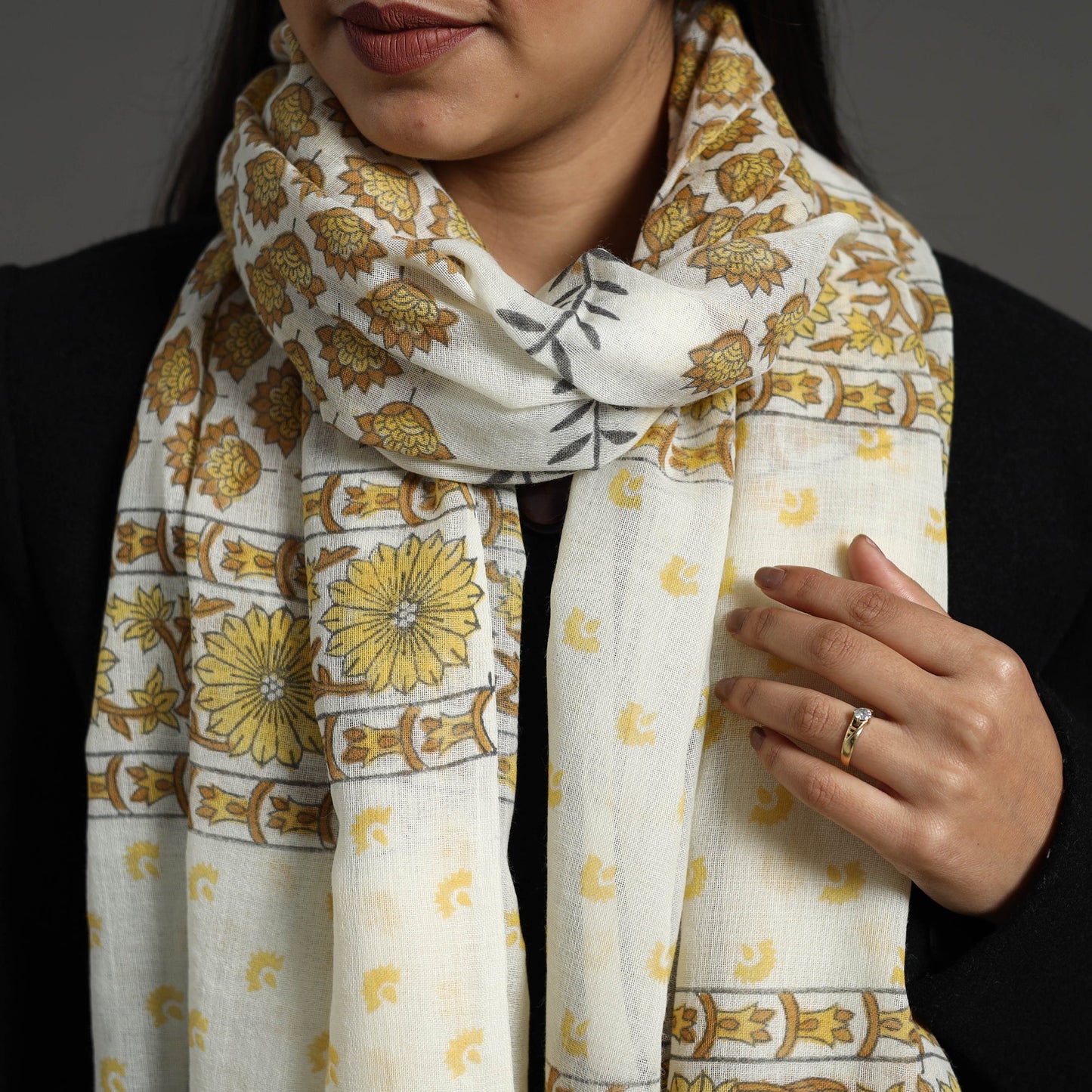 Yellow - pure wool sanganeri stole 49 - handcrafted