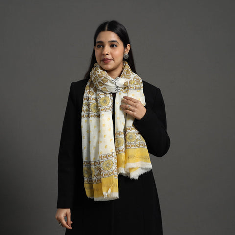 Yellow - pure wool sanganeri stole 49 - handcrafted