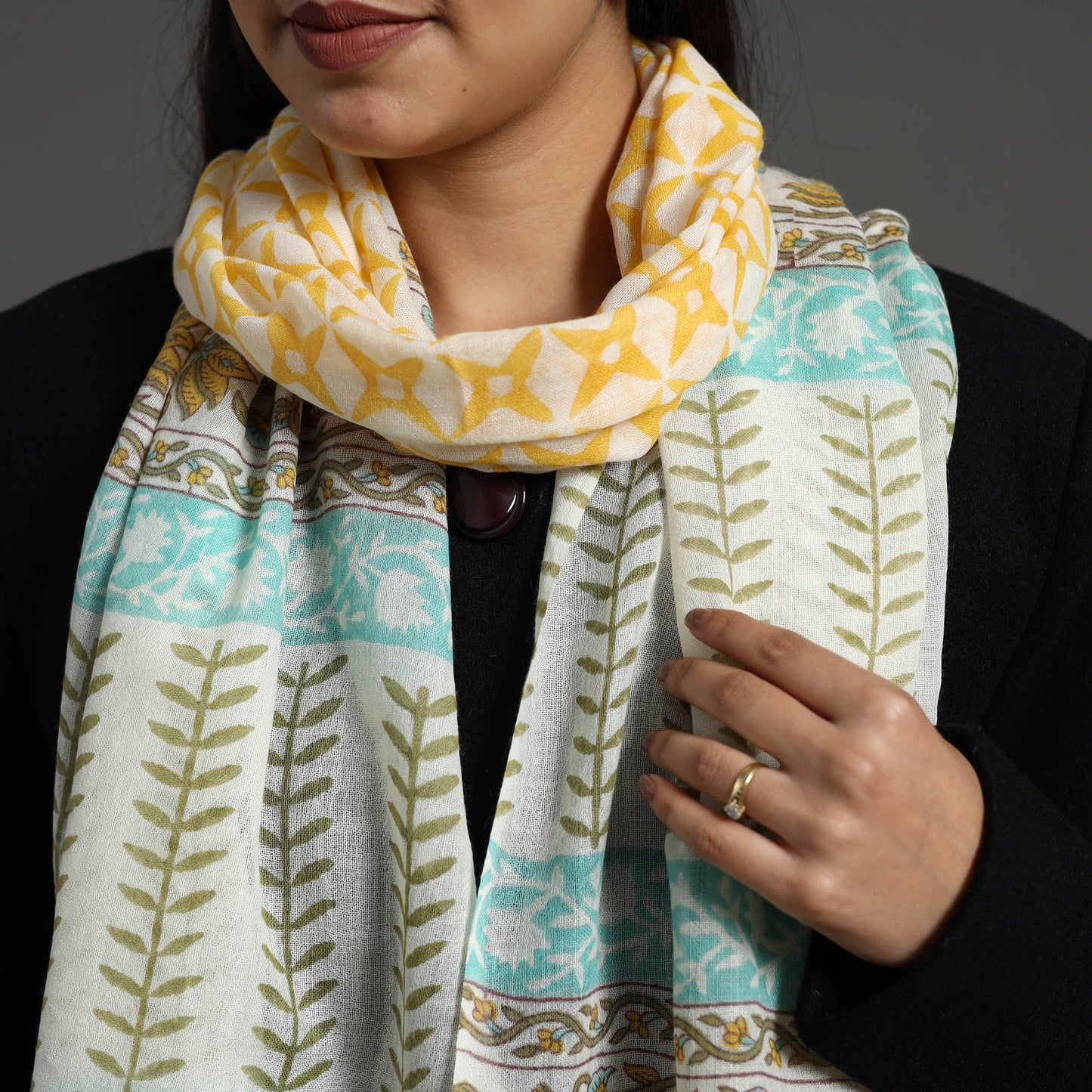 Yellow - pure wool sanganeri stole 54 - handcrafted