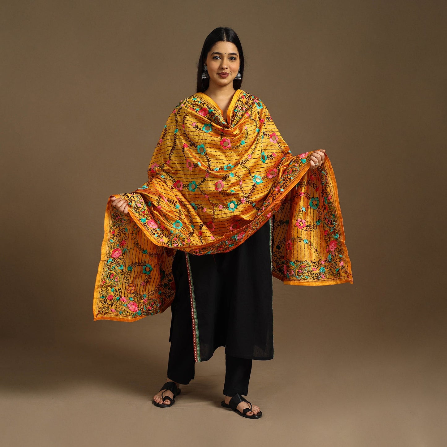 Buy Orange Ranihati Chanderi Silk Hand Embroidery Dupatta