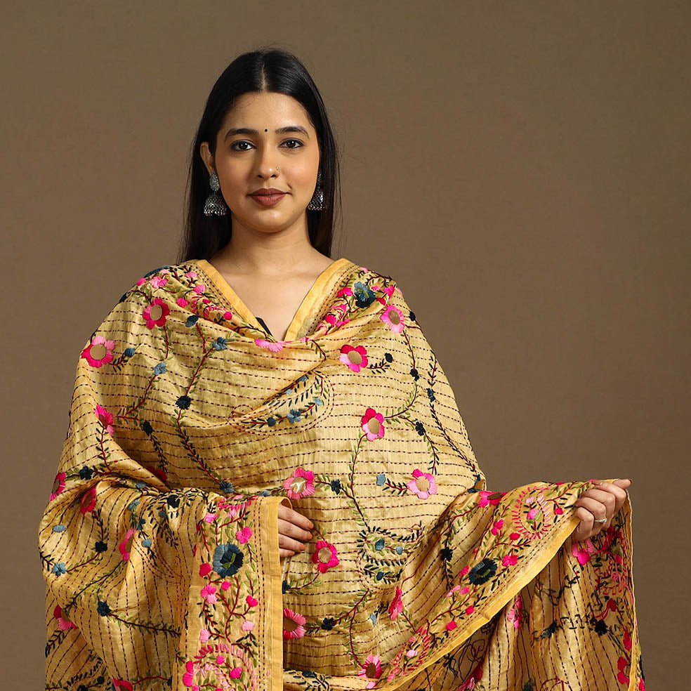 Buy Yellow Ranihati Chanderi Silk Hand Embroidery Dupatta