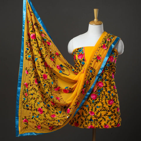 Yellow 3pc Hand Embroidery Georgette Phulkari Dress Material