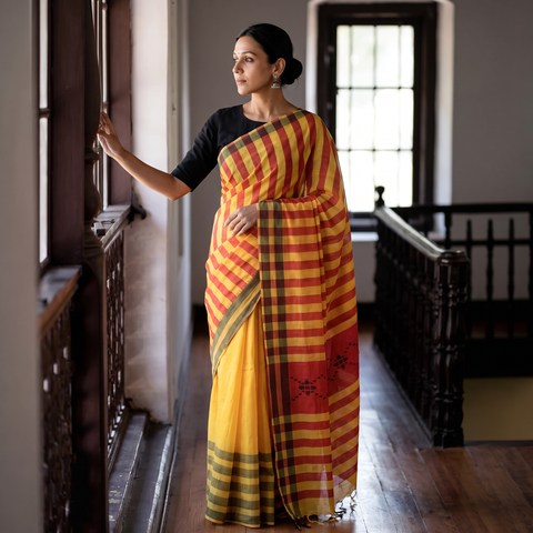 Yellow & Red Mulberry Silk Saree with Single Jaal Pattern on Pallu & Yellow Stripes with Plain Body, draped and worn by a woman, AI visual of the saree, iTokri