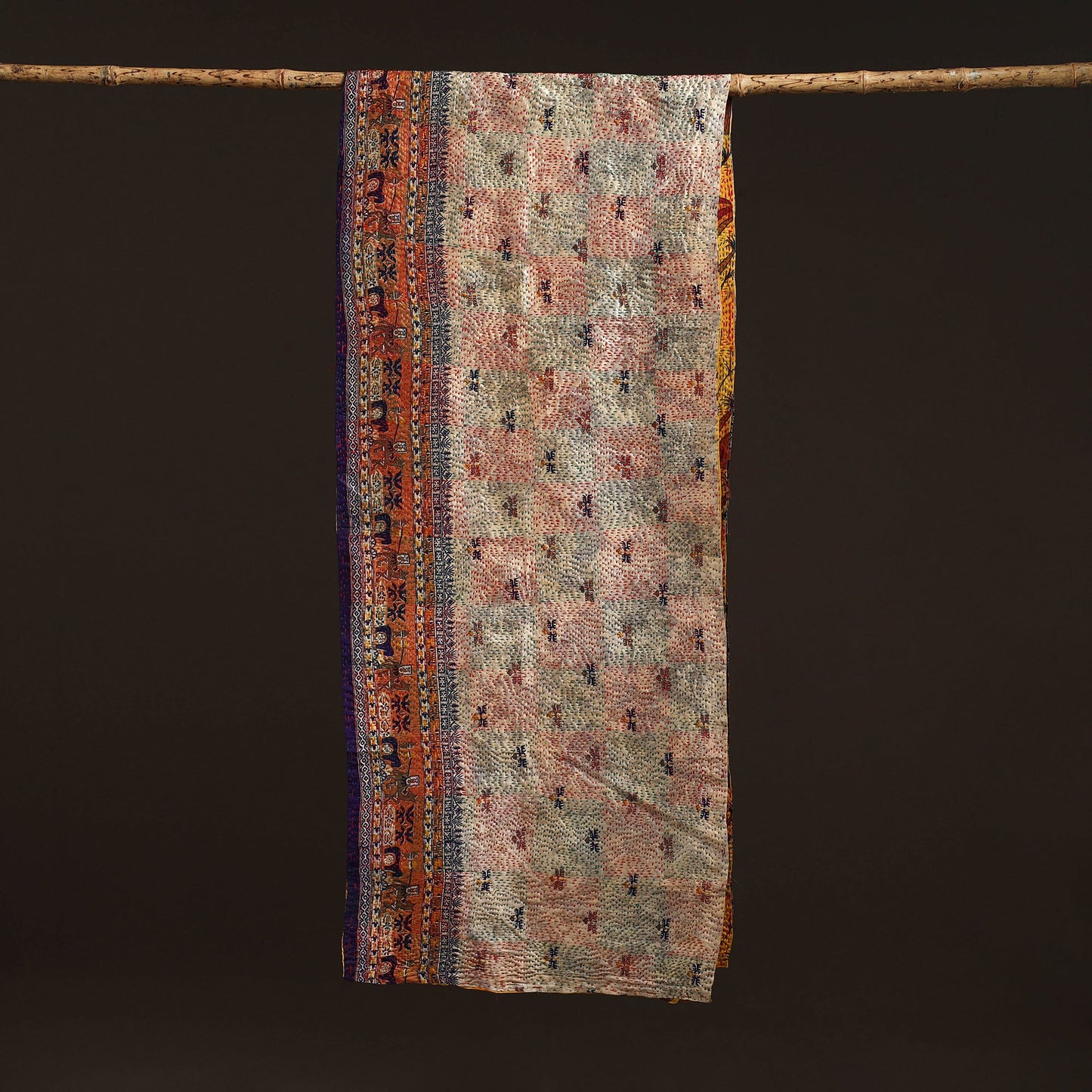 Yellow - reversible silk bengal hand kantha stitch stole