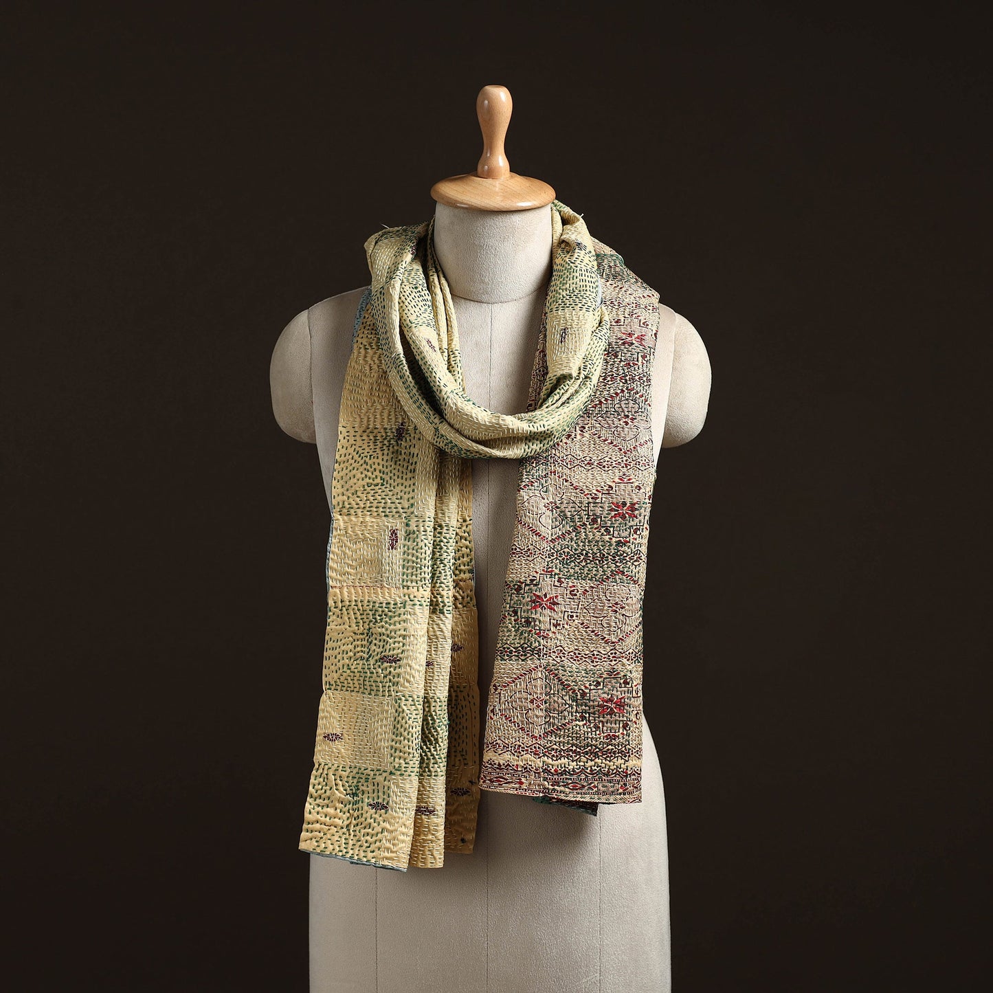 Yellow - reversible silk bengal hand kantha stitch stole