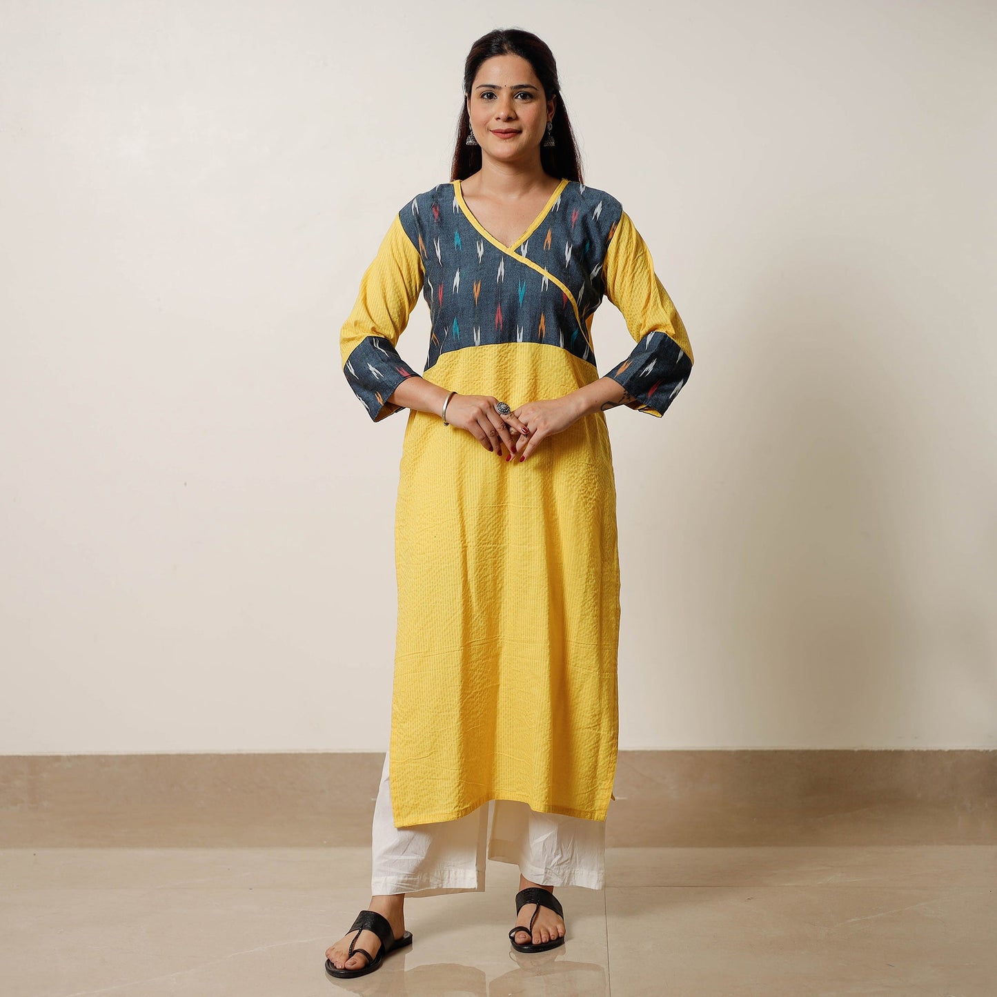 Buy Running Stitch Cotton Straight Kurta with Ikat Patchwork 07 Online at iTokri.com