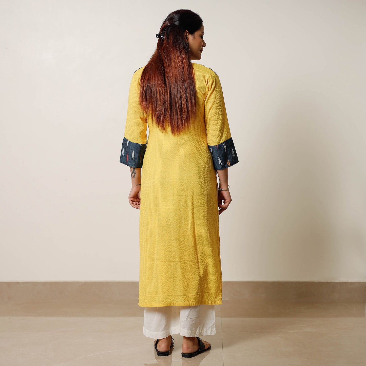 Buy Running Stitch Cotton Straight Kurta with Ikat Patchwork 07 Online at iTokri.com