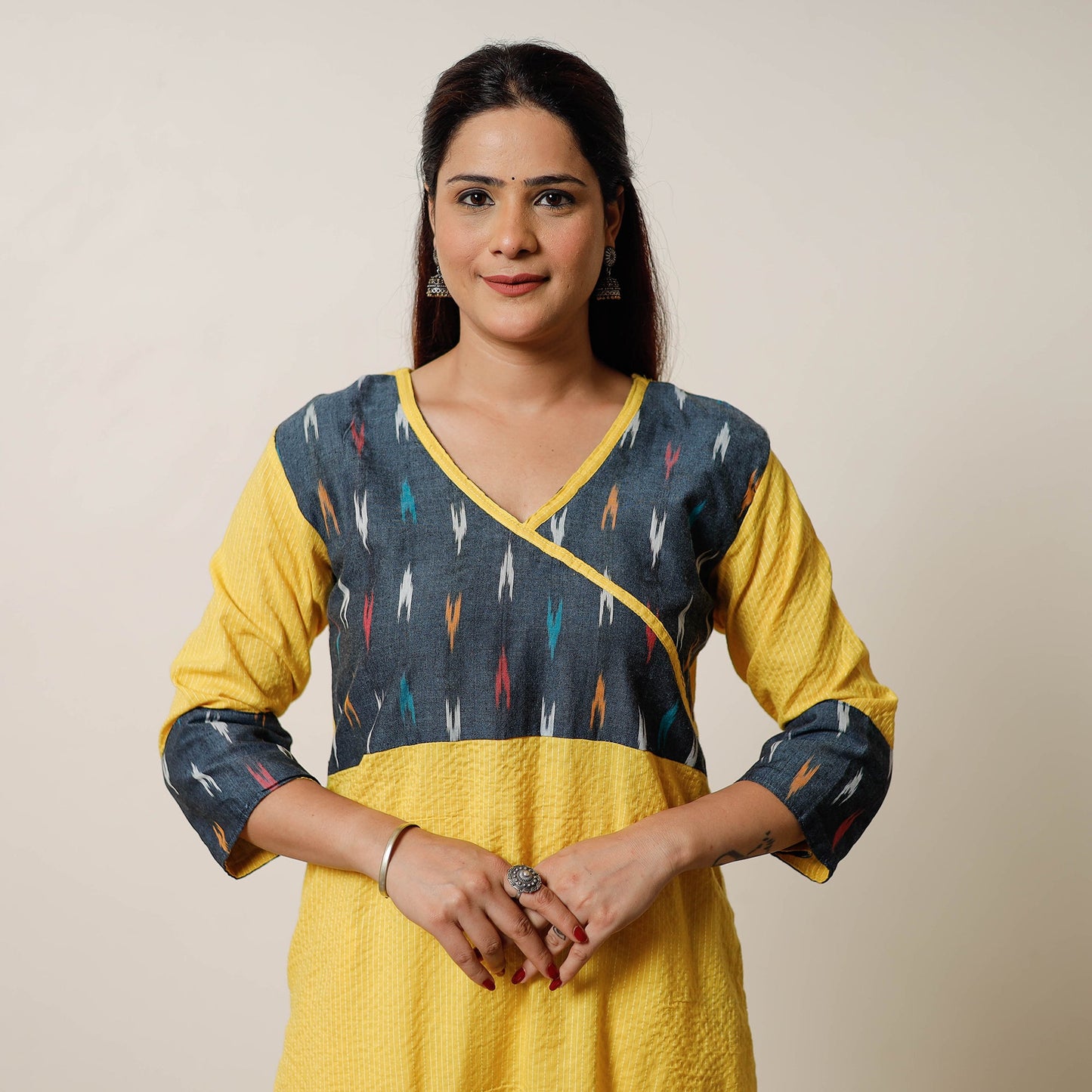 Buy Running Stitch Cotton Straight Kurta with Ikat Patchwork 07 Online at iTokri.com