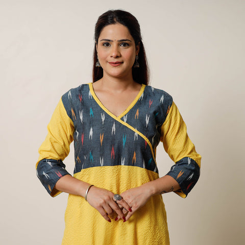 Buy Running Stitch Cotton Straight Kurta with Ikat Patchwork 07 Online at iTokri.com