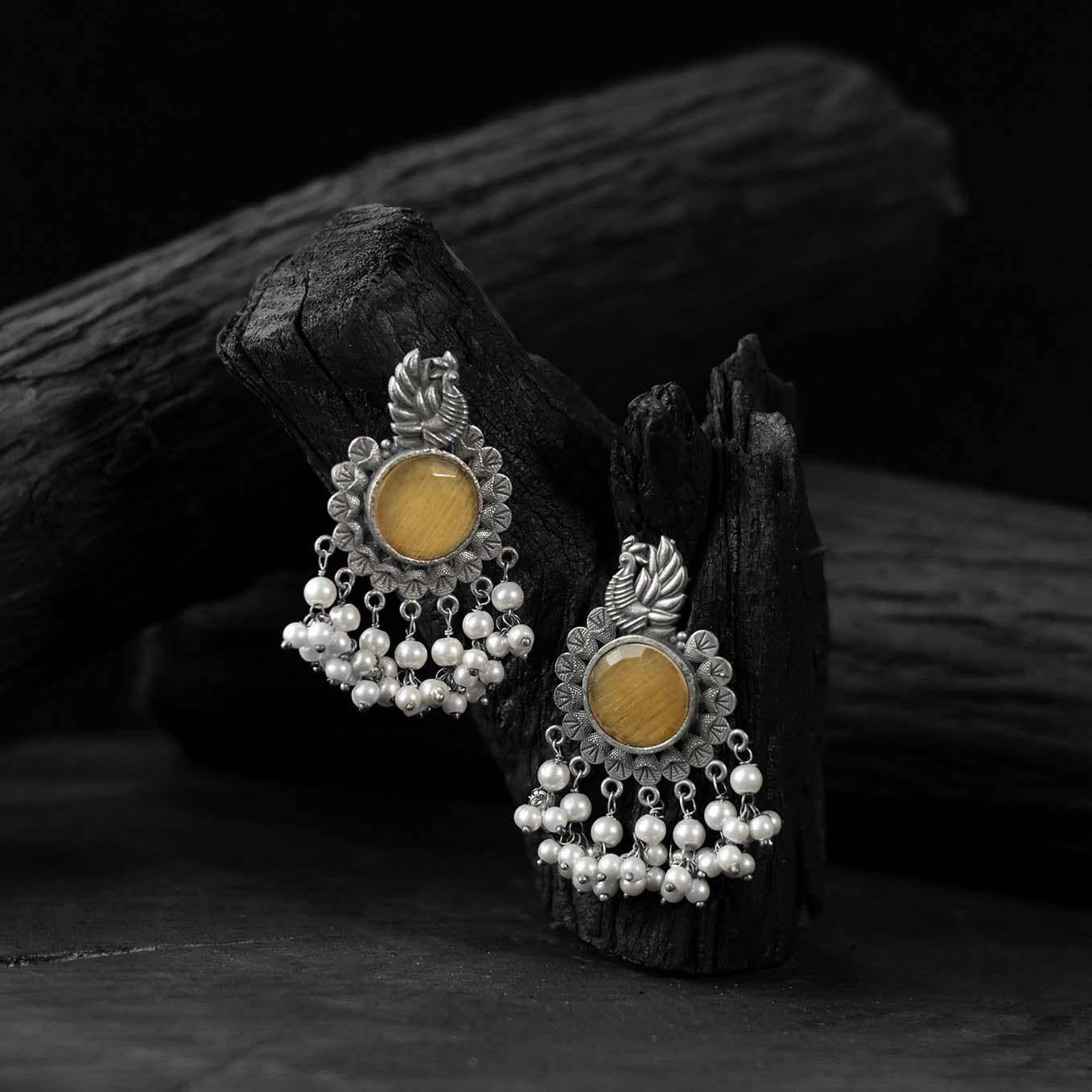 Yellow - saanjh bela mayura oxidised earrings - handcrafted