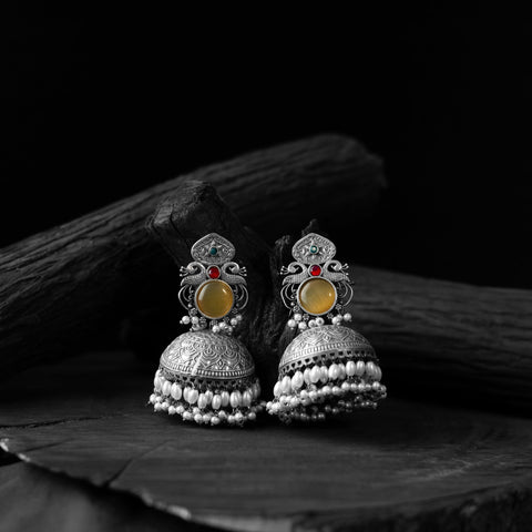Yellow - saanjh bela mayuri oxidised jhumka earrings