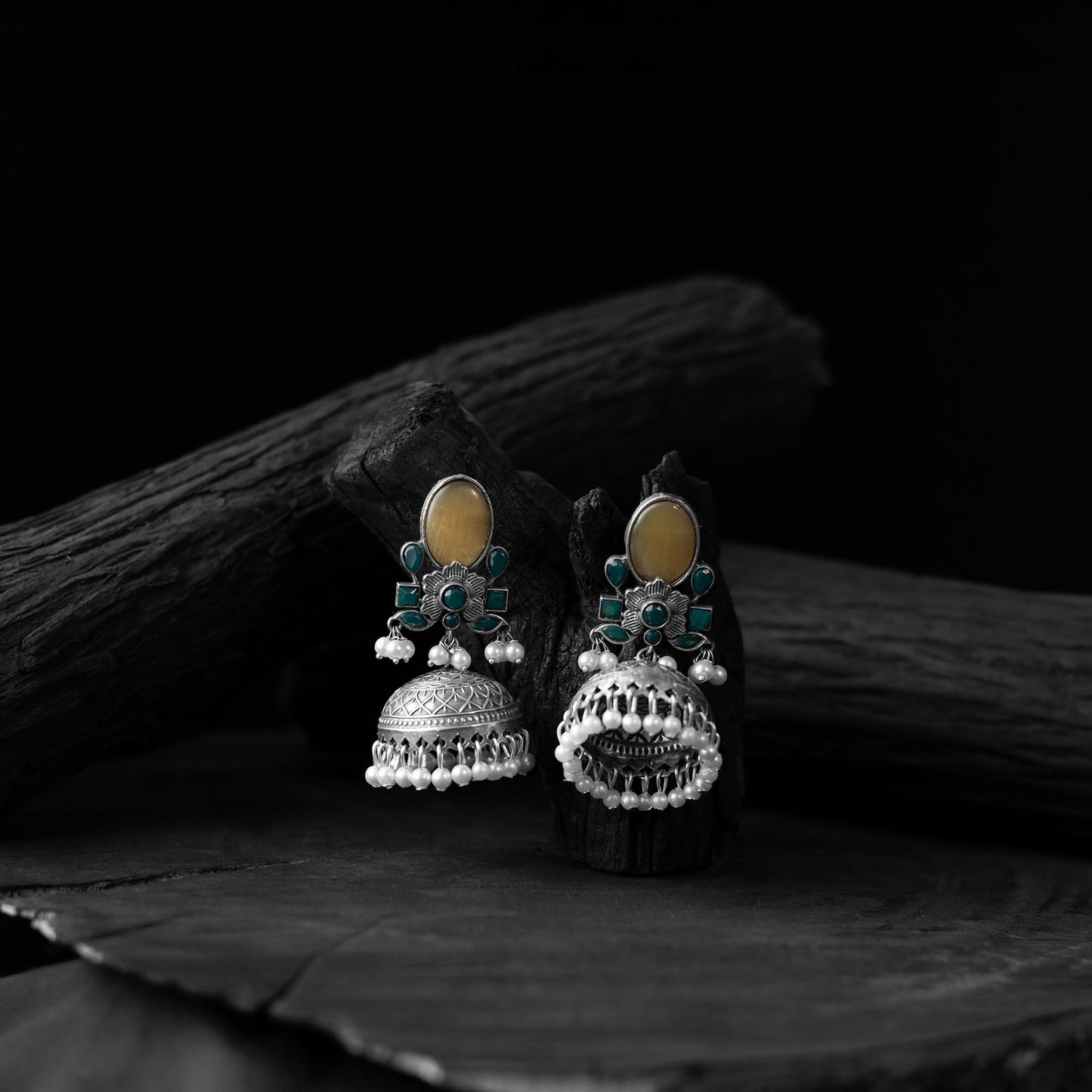 Yellow - saanjh bela stone oxidised jhumka earrings