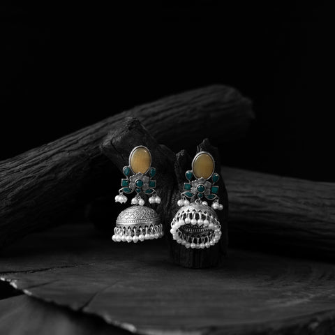 Yellow - saanjh bela stone oxidised jhumka earrings