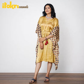  Modal Silk Ajrakh Block Printed Knee Length Kaftan Dress 