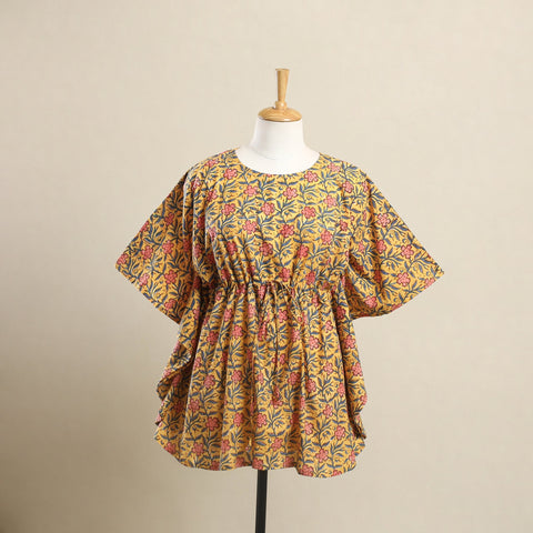 Buy Yellow Sanganeri Block Print Cotton Kaftan