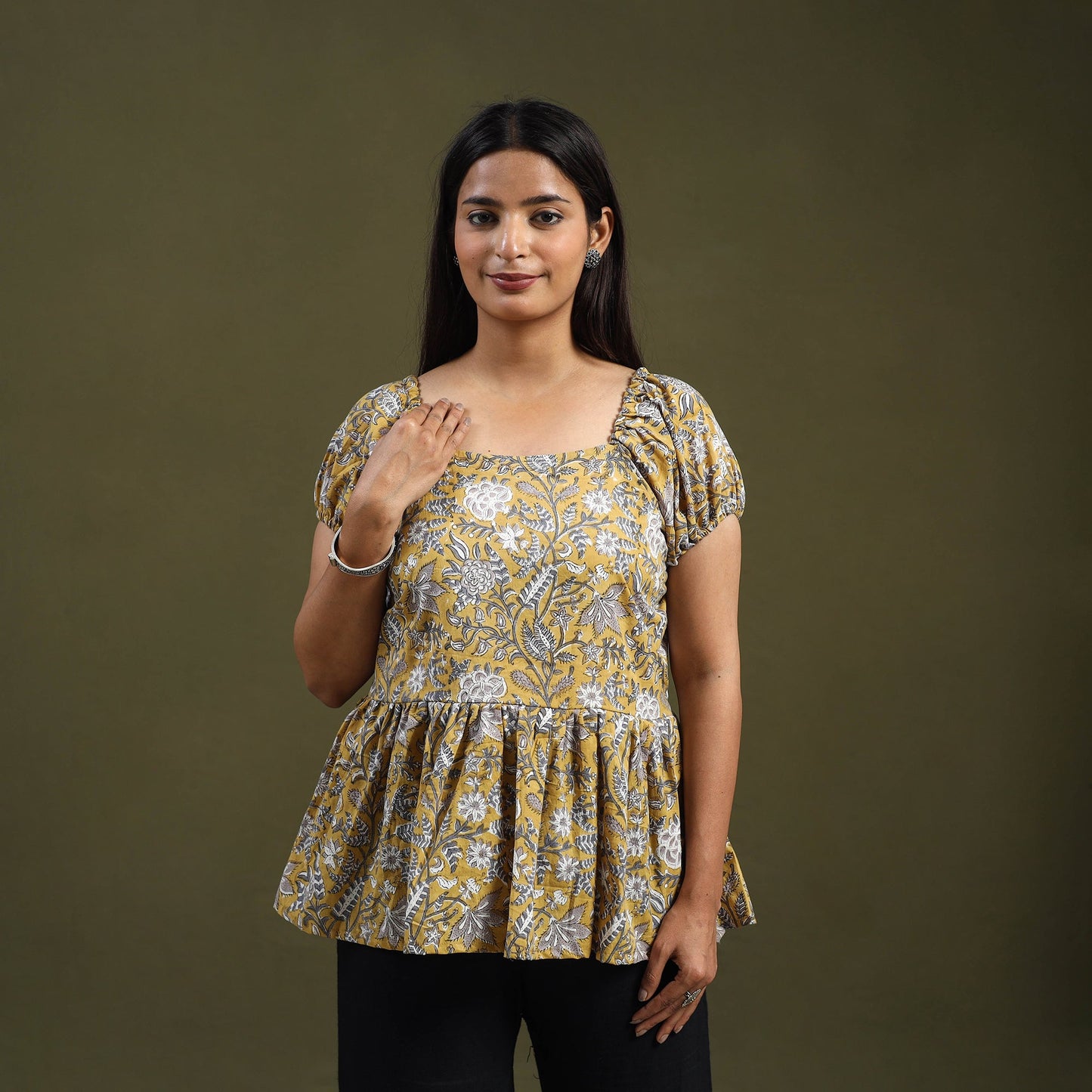 Yellow Sanganeri Block Print Cotton Top