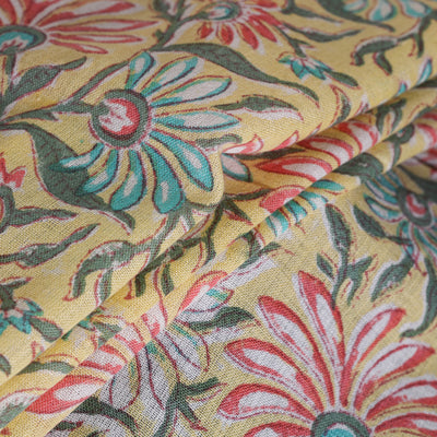 Yellow Sanganeri Block Print Handloom Pure Wool Fabric 
