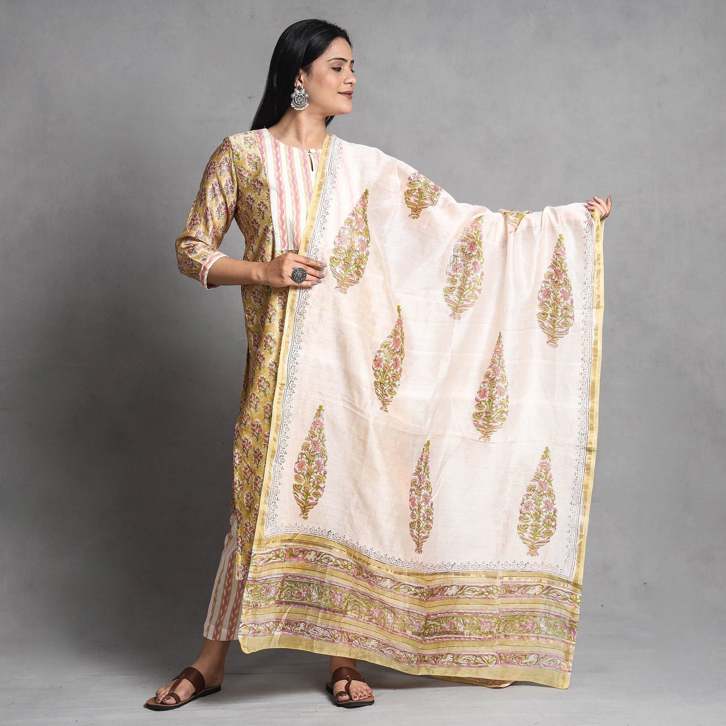 Sanganeri Block Printed Chanderi Silk Kurta with Palazzo & Dupatta Set 