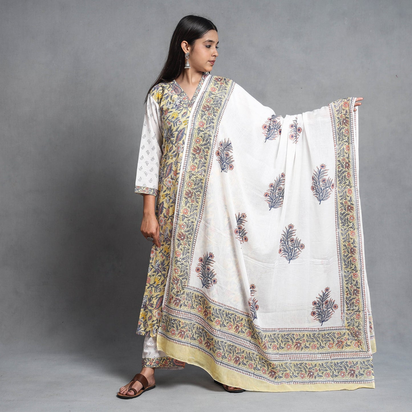  Sanganeri Block Printed Cotton Kurta with Palazzo & Dupatta Set 