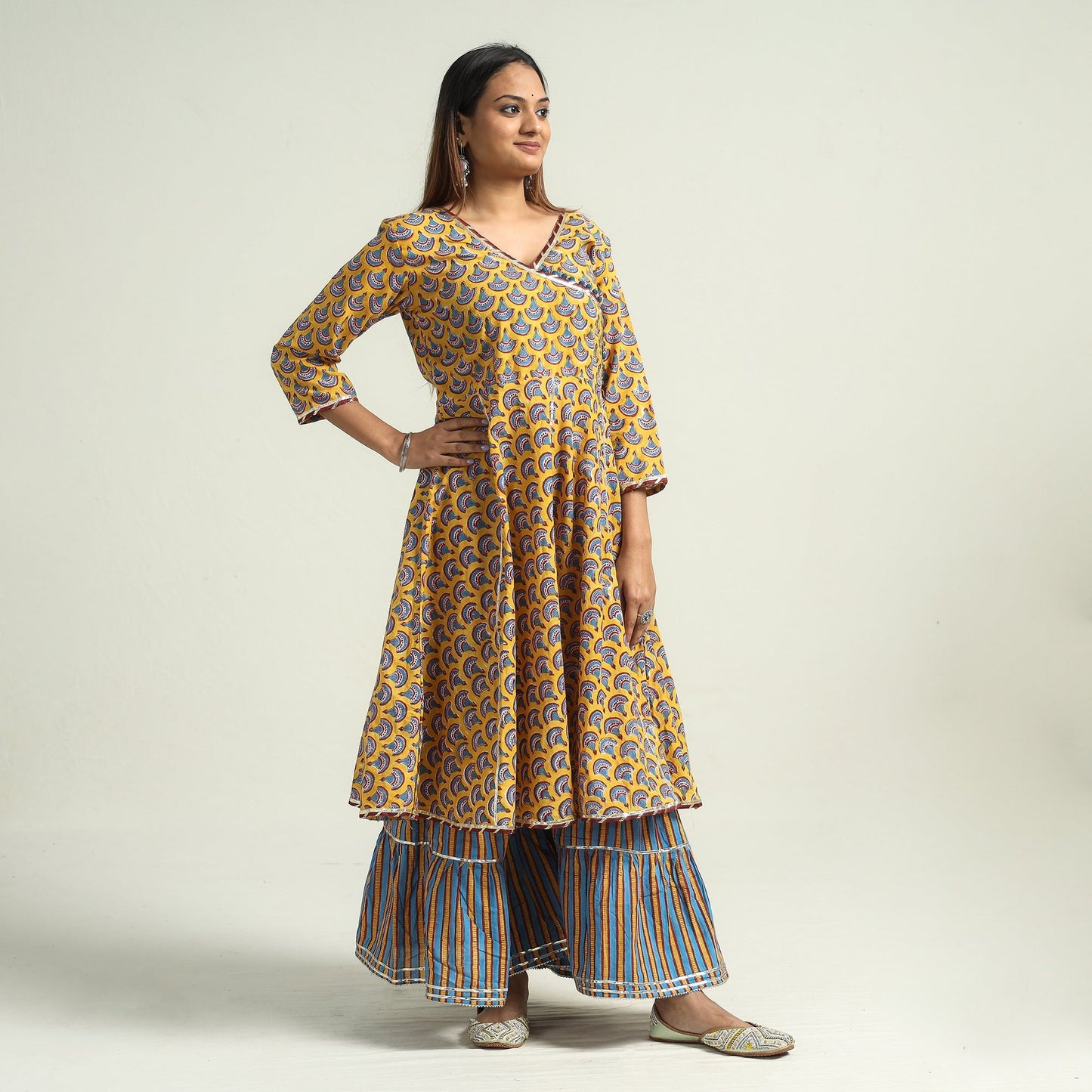 Sanganeri block printed cotton kurta with sharara set