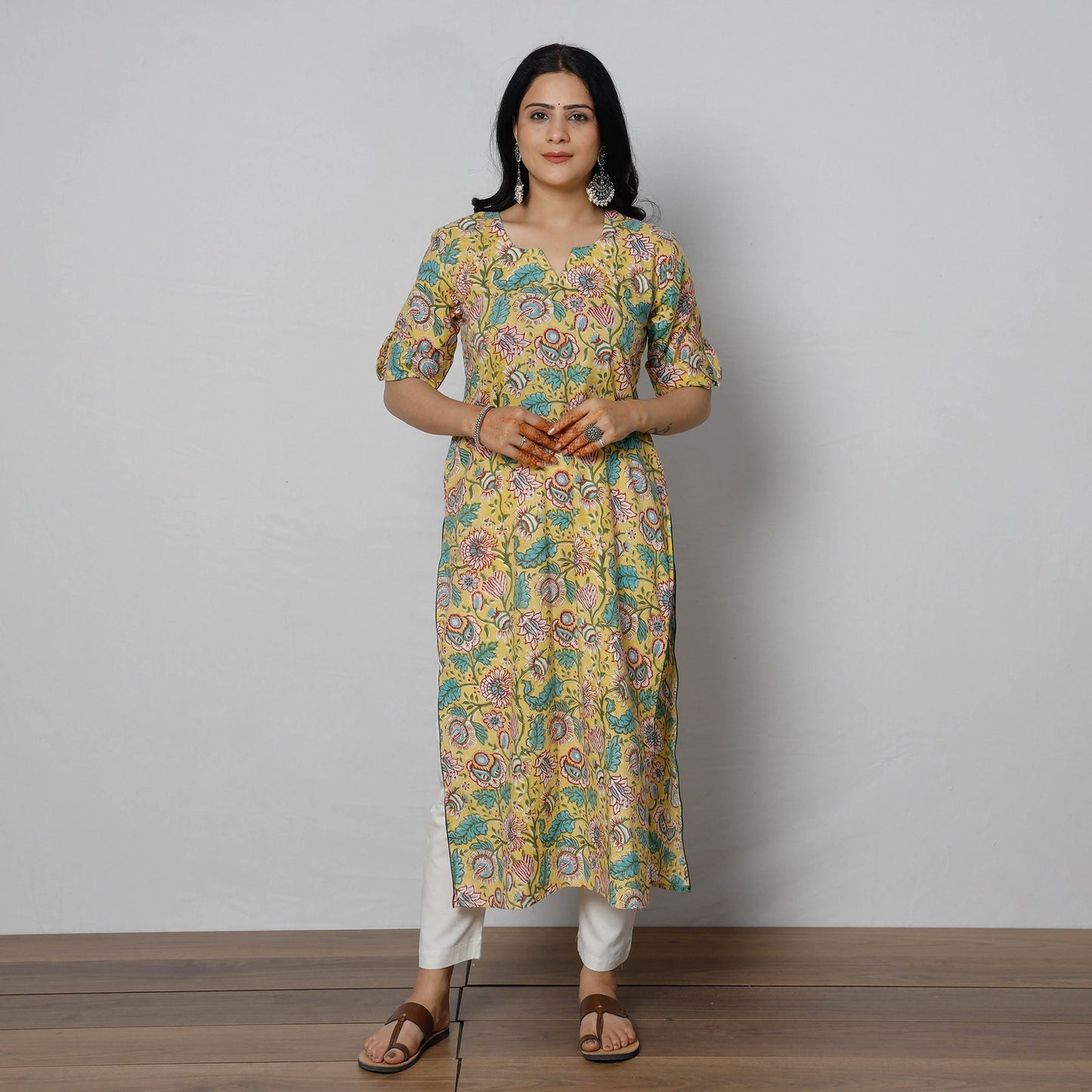  Sanganeri Block Printed Cotton Long Straight Kurta 