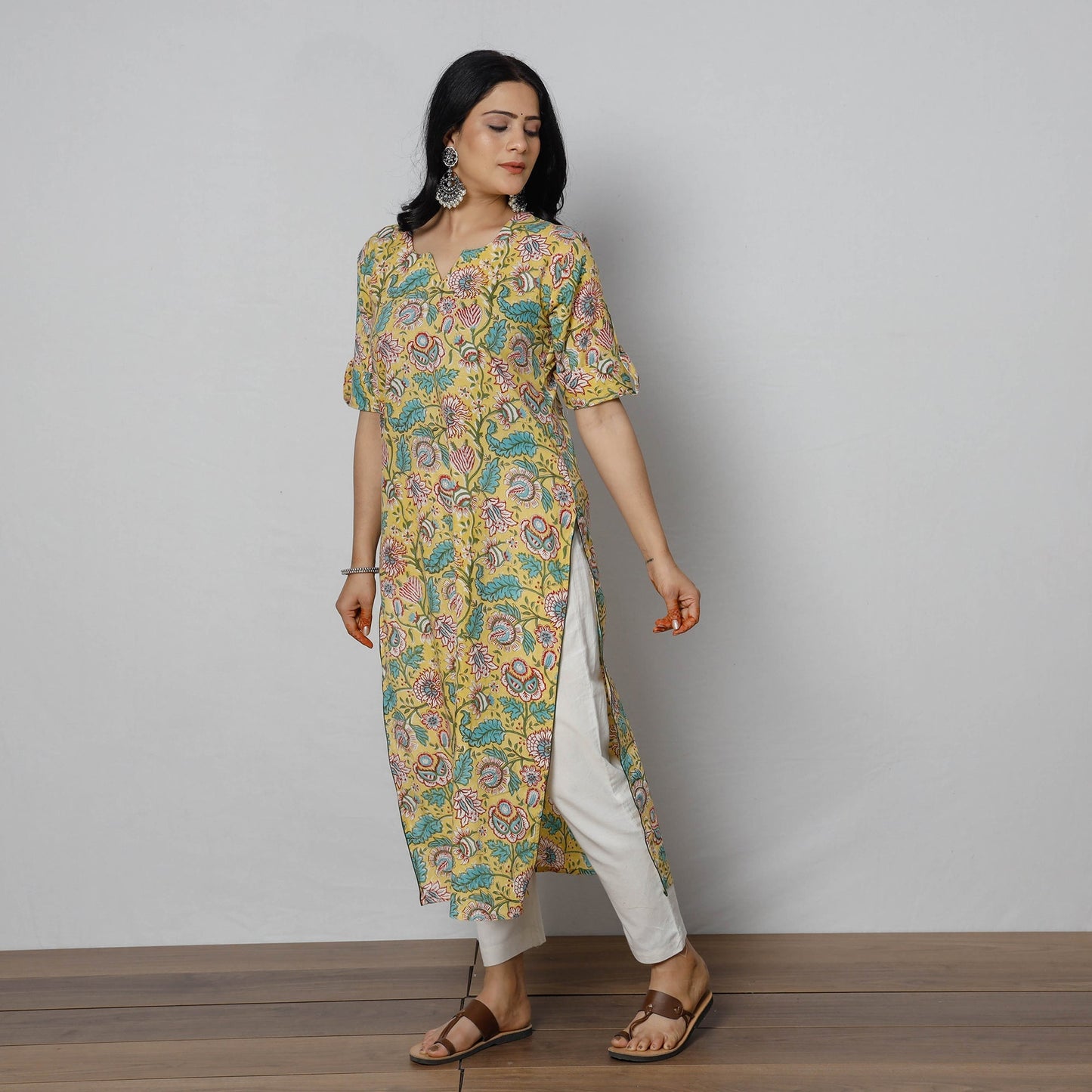  Sanganeri Block Printed Cotton Long Straight Kurta 