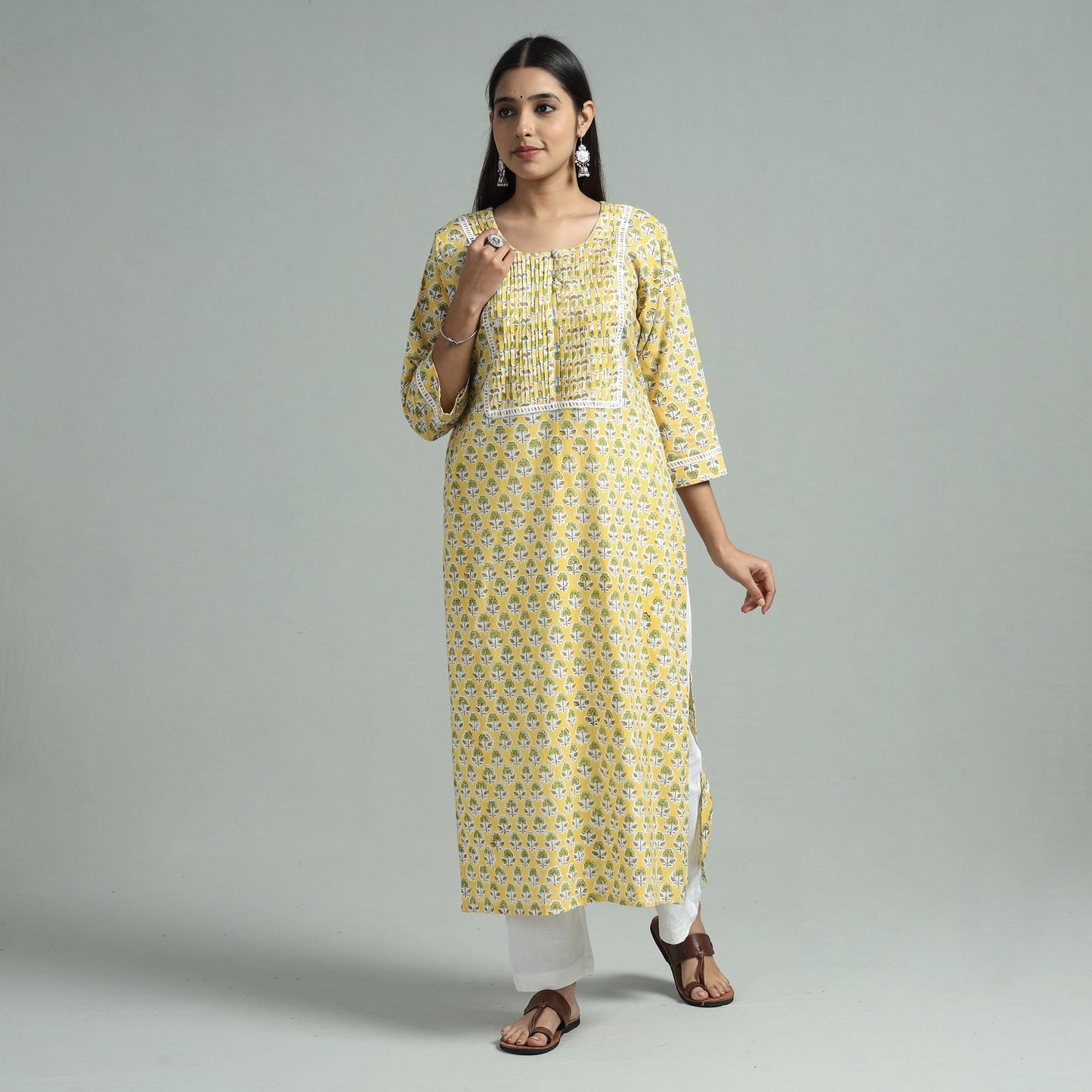 Yellow - sanganeri block printed cotton pintuck straight