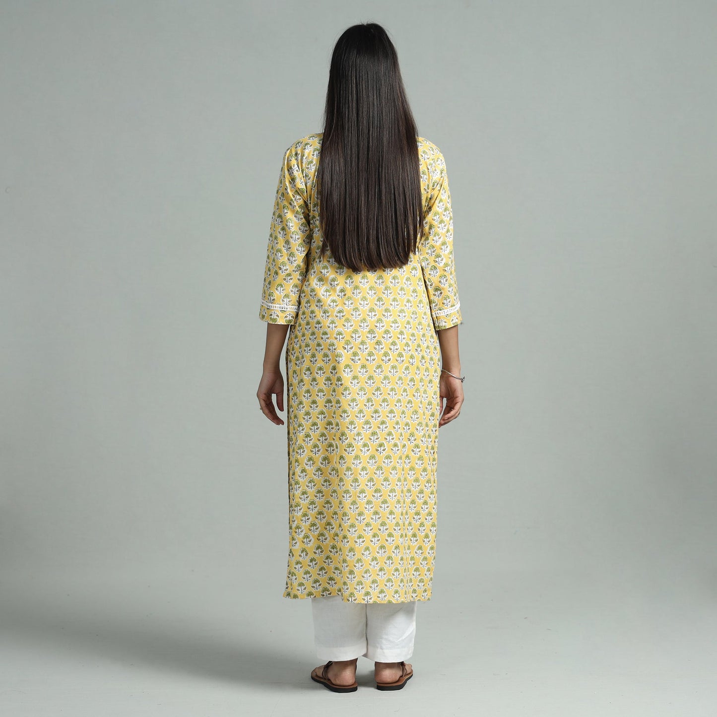 Yellow - sanganeri block printed cotton pintuck straight