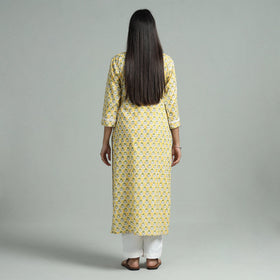 Yellow - sanganeri block printed cotton pintuck straight