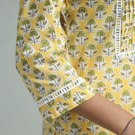 Yellow - sanganeri block printed cotton pintuck straight