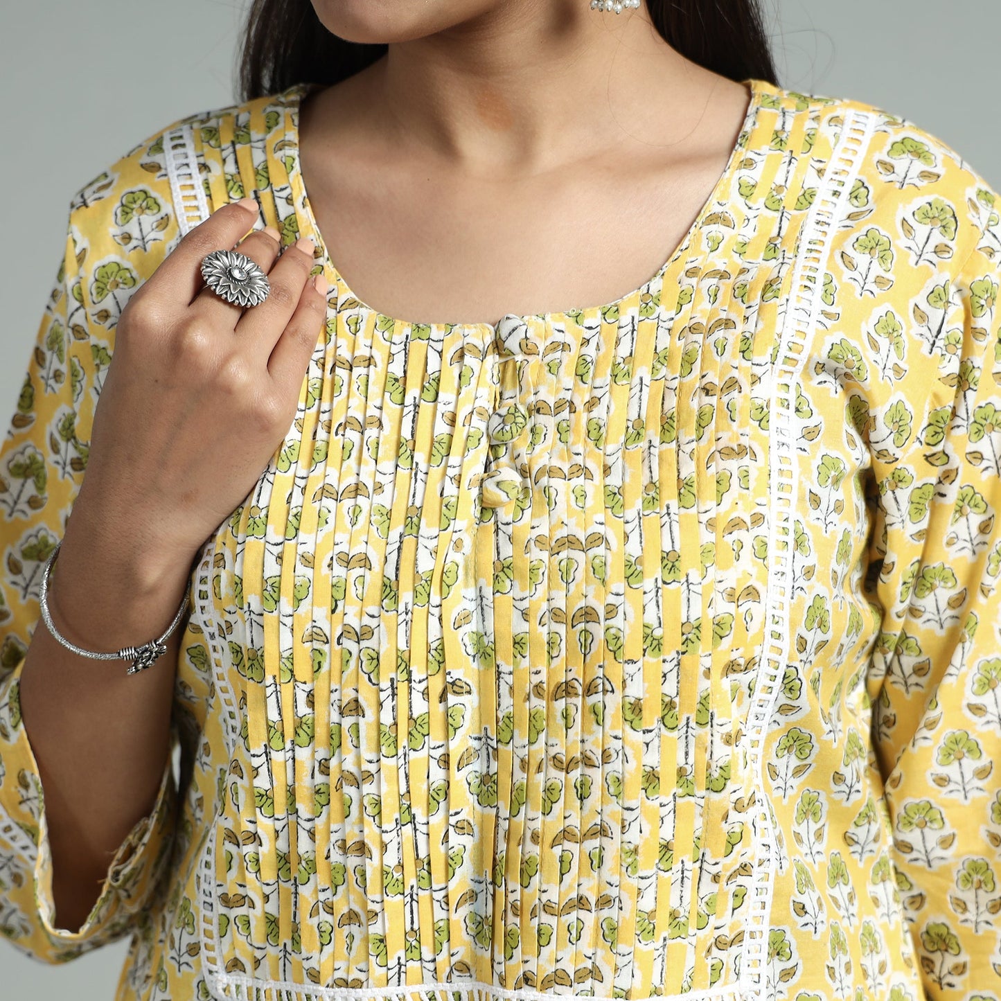 Yellow - sanganeri block printed cotton pintuck straight